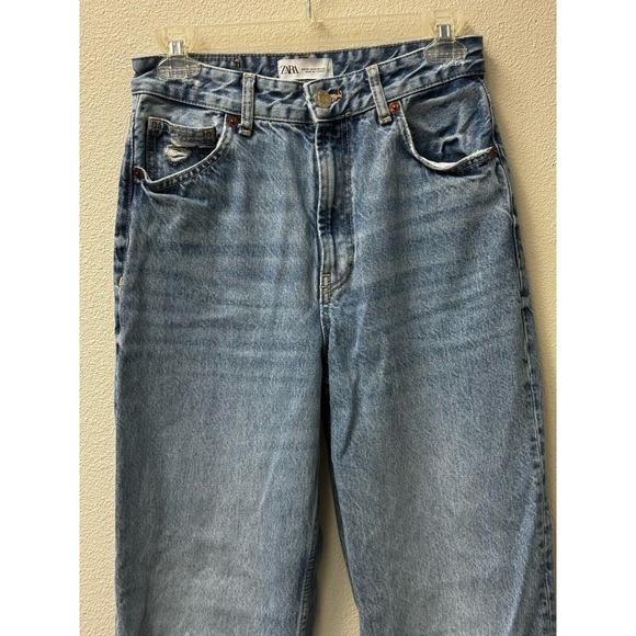 ZARA Womens Wide Leg Jeans Blue Denim High Rise Distressed Ripped Knee  Trendy 4 - Picture 3 of 8